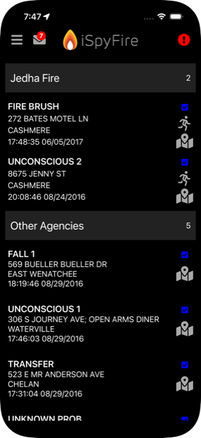 The iSpyFire app showing a live dispatch call list