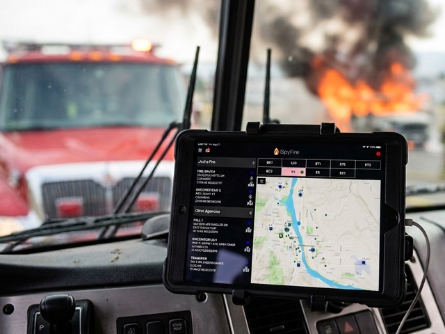 iSpyFire Mobile V2 on a mounted tablet in a fire engine cab, responding to a working fire