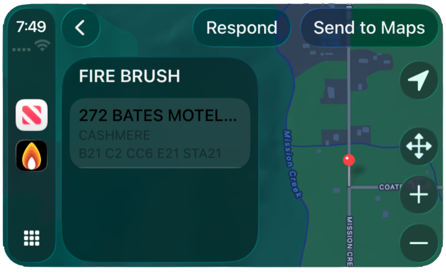 iSpyFire running on Apple CarPlay showing a Fire Brush call with Respond and Send to Maps buttons
