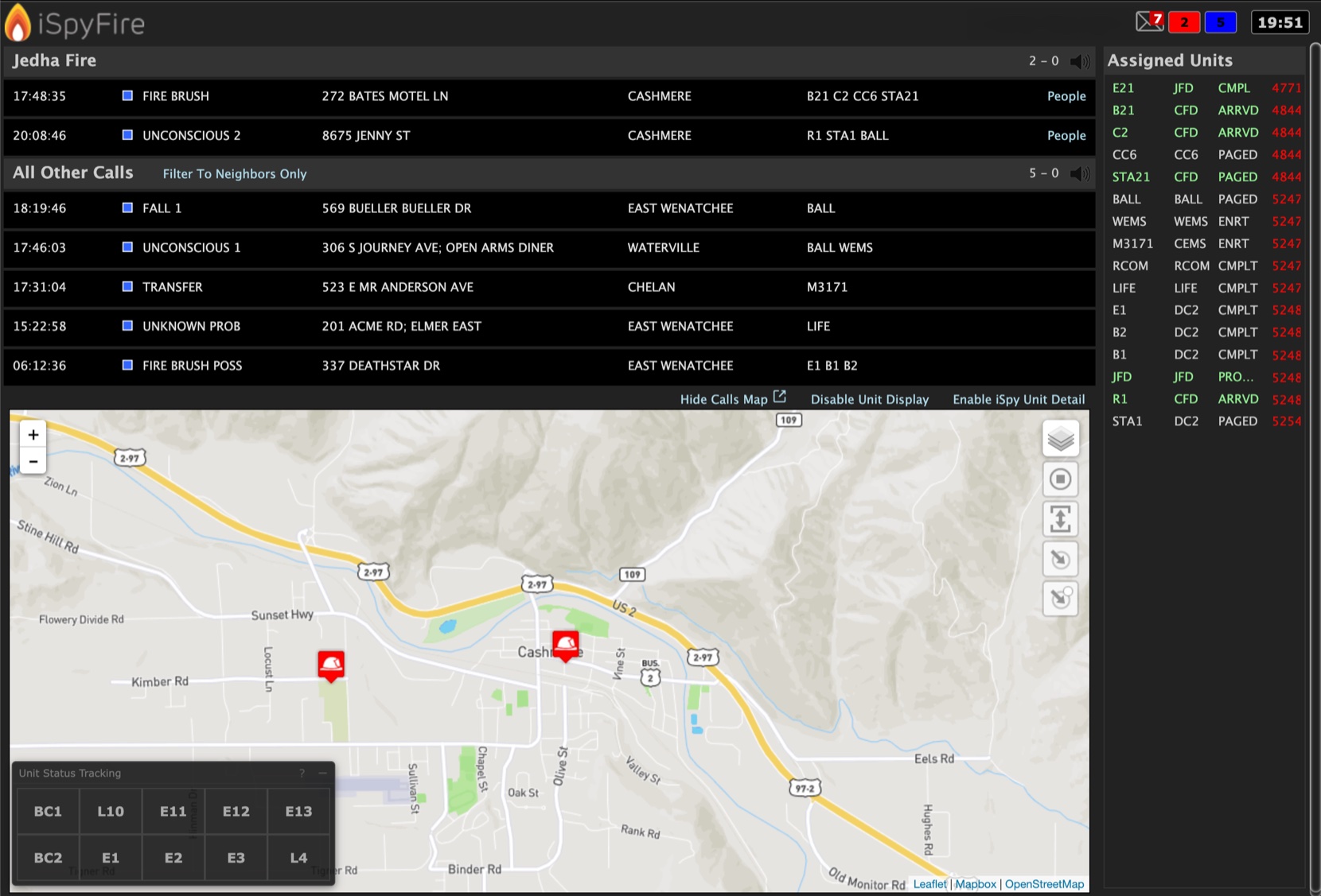 The iSpyFire web dashboard showing live calls, assigned unit statuses, and a map