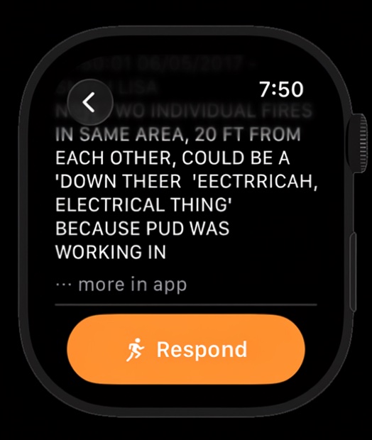 iSpyFire on Apple Watch showing live call details with a Respond button
